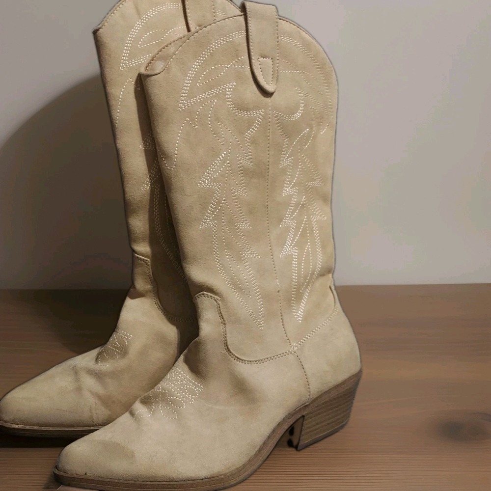 No Boundaries Boots Womens 9 Knee High Tall Riding Heels Tan Fabric Half Zip Y2k